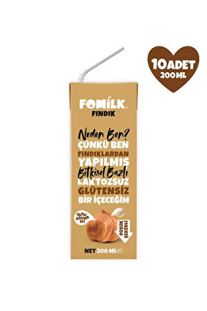 Fındık Sütü Glutensiz Bitkisel Bazlı Laktozsuz Vegan 200 Ml x 10 Adet