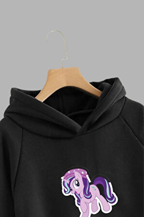 Unisex Çocuk Siyah Kapüşonlu Sweatshirt ve Eşofman Altı Takımı Mor Unicorn Baskılı