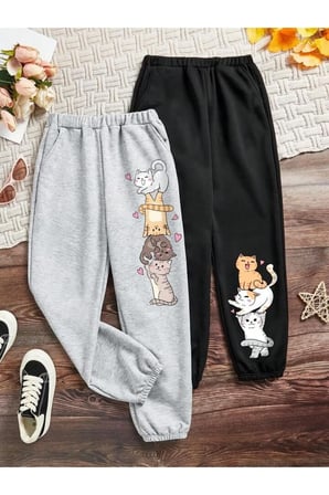 Gri, Siyah 4'lü, 3'lü Kedi Baskılı Kız/Erkek Çocuk İkili Eşofman Seti
