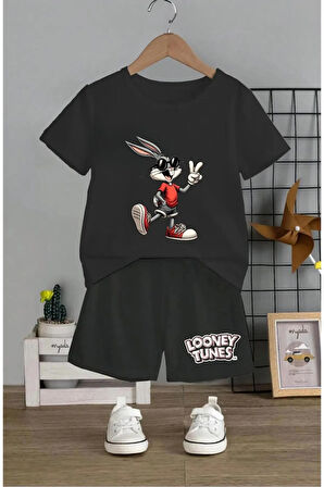 Çocuk Tasarım Bugs Bunny Baskılı T-Shirt Şort Alt Üst Takım %100 Pamuk