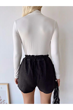 Kadın Beyaz Dik Yaka Uzun Kol Viskon Bluz