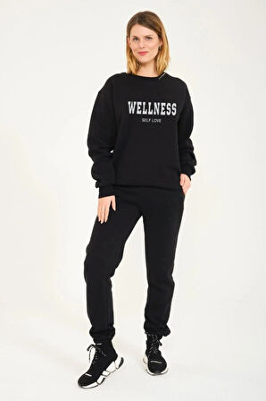 3 Iplık Eşofman Takımı Sweatshirt Jogger - Baskılı Oversize Şardonlu Kapüşonlu