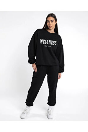 3 Iplık Eşofman Takımı Sweatshirt Jogger - Baskılı Oversize Şardonlu Kapüşonlu