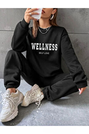 3 Iplık Eşofman Takımı Sweatshirt Jogger - Baskılı Oversize Şardonlu Kapüşonlu
