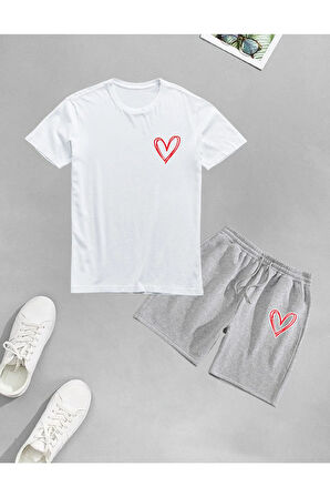 AYMONTANAUnisex Kırmızı Kalp Baskılı Şort-T-shirt takımı