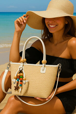 Hasır Çanta – Renkli Boncuklu Mini Çanta Hediyeli (Deri Detaylı)