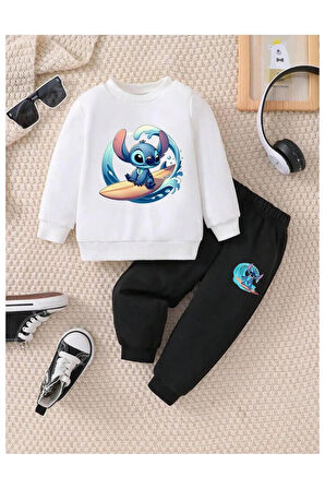 Çocuk Tasarım Stitch Surf Çizgi Karakter Baskılı Bisiklet Yaka Alt-üst Takım Pamuklu
