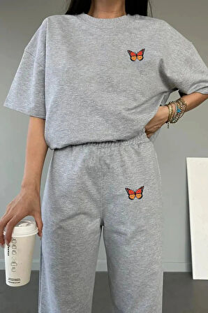 Kelebek Baskılı Tshirt eşofman alt üst Takımı
