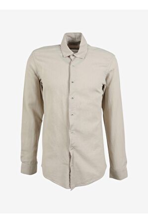 Süvari Slim Fit Düğmeli Yaka Düz Bej Erkek Gömlek Gm1008400239