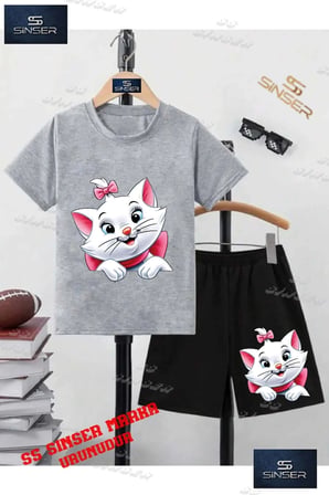 Çocuk UNISEX “KEDI KURDALELI YARIM“ Özel Baskılı Bisiklet Yaka Tişört - Şort Takım