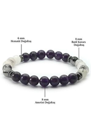 Ametist - Rutilli Kuvars Doğal Taş Bileklik 8 Mm