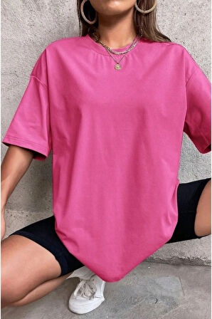 Düz  T-Shirt - Pembe Oversize baskısız  Bisiklet Yaka Kısa Kol