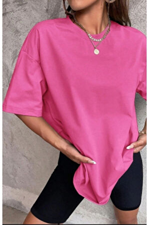 Düz  T-Shirt - Pembe Oversize baskısız  Bisiklet Yaka Kısa Kol