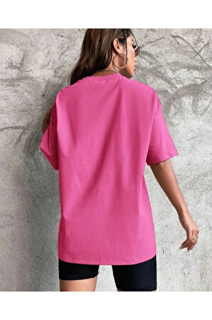 Düz  T-Shirt - Pembe Oversize baskısız  Bisiklet Yaka Kısa Kol