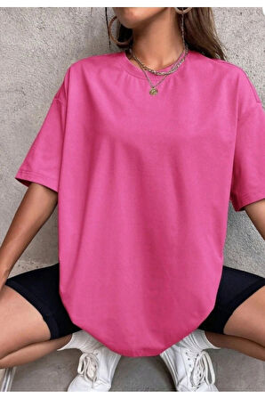Düz  T-Shirt - Pembe Oversize baskısız  Bisiklet Yaka Kısa Kol