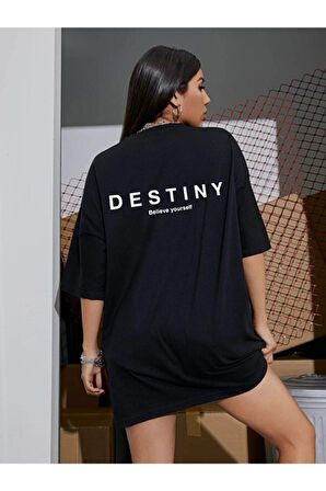 Kadın Oversize Panda Baskılı Siyah T-shirt