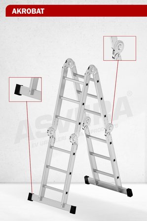 Asvera 3.7 Metre Çok Amaçlı Akrobat Merdiven - 12 Basamaklı 4x3 Katlanır Profesyonel Merdiven
