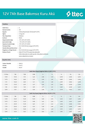 Ttec 12v 7ah- Bakımsız Kuru Akü 04/2024 Üretim 12 Volt 7 Amper