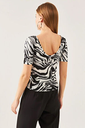 Kadin Gri Siyah Desen U Yaka Kısa Kol Viskon Bluz