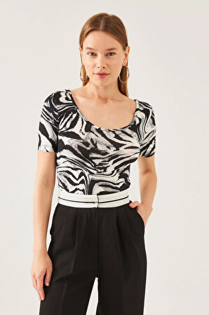 Kadin Gri Siyah Desen U Yaka Kısa Kol Viskon Bluz