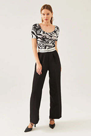 Kadin Gri Siyah Desen U Yaka Kısa Kol Viskon Bluz