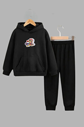 Unisex Çocuk Siyah Kapüşonlu Sweatshirt ve Eşofman Altı Takımı Kaykaycı Çocuk Baskılı