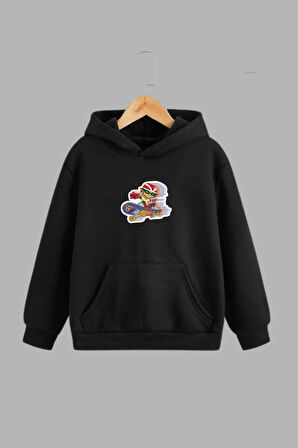 Unisex Çocuk Siyah Kapüşonlu Sweatshirt ve Eşofman Altı Takımı Kaykaycı Çocuk Baskılı