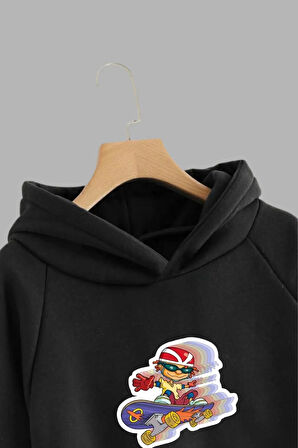 Unisex Çocuk Siyah Kapüşonlu Sweatshirt ve Eşofman Altı Takımı Kaykaycı Çocuk Baskılı