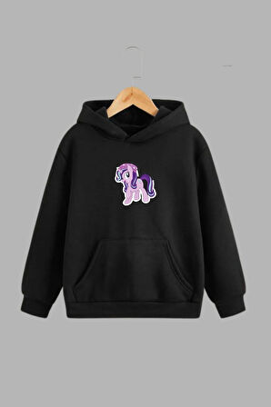 Unisex Çocuk Siyah Kapüşonlu Sweatshirt ve Eşofman Altı Takımı Mor Unicorn Baskılı