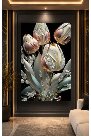 Lüks Çiçek Cam Tablo – Kristal Detaylı Beyaz ve Rose Gold Lale Çiçekleri Temalı Dekoratif Duvar Tablosu | Modern Şık Salon ve Ev Dekorasyonu | UV Baskı