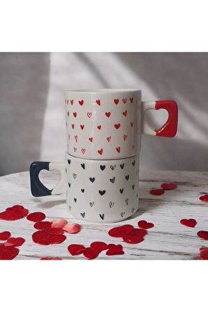 4 lü Siyah Kırmızı Minik Kalpler Çizimli El Yapımı Doğal Seramik Kalp Kupa / Mug - Çay&Kahve Fincanı