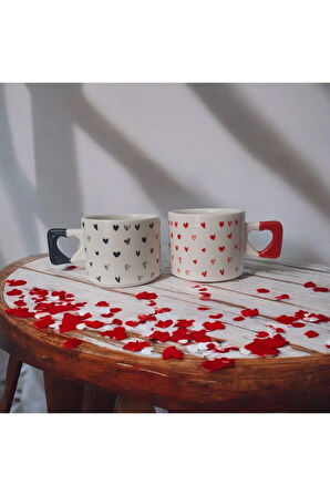 4 lü Siyah Kırmızı Minik Kalpler Çizimli El Yapımı Doğal Seramik Kalp Kupa / Mug - Çay&Kahve Fincanı