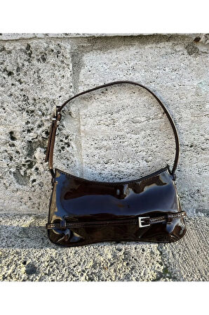 Siyah Renk Pinterest Rugan Parlak Kumaş Kadın Baget Omuz Çanta