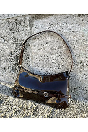 Siyah Renk Pinterest Rugan Parlak Kumaş Kadın Baget Omuz Çanta