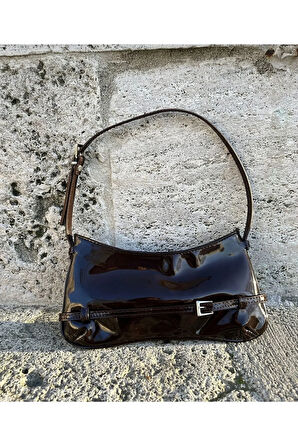 Siyah Renk Pinterest Rugan Parlak Kumaş Kadın Baget Omuz Çanta