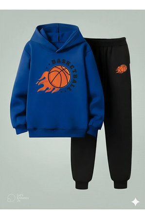 Çocuk Erkek Kapüşonlu Takım BASKET TOPU 3 İplik Şardonlu Sweatshirt - Eşofman Takım