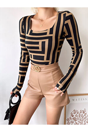 Kadın Vizon Geometri Desen Kare Yaka Uzun Kol Viskon Bluz