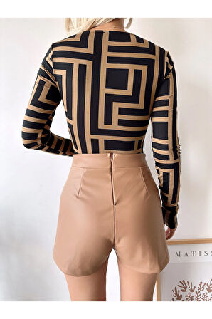 Kadın Vizon Geometri Desen Kare Yaka Uzun Kol Viskon Bluz