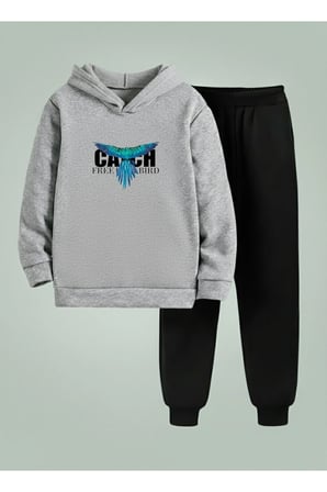Erkek Çocuk Kapüşonlu Takım RENKLİ PAPAGAN 3 İplik Şardonlu Sweatshirt - Eşofman Takım
