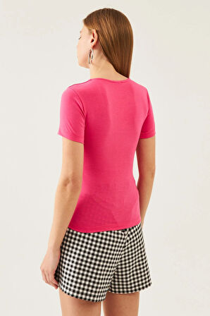 Kadın Pembe Kare Yaka Kısa Kol Viskon Bluz