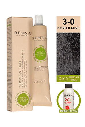 Renna Bitkisel Amonyaksız Saç Boyası 60 Ml 3-0 Koyu Kahve Oksidan Hediyeli