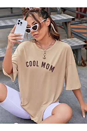 Kadın Bej Cool Mom Baskılı Hamile Tişört