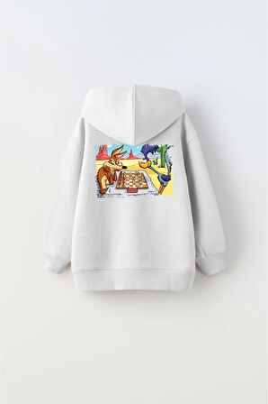 Kapüşonlu İçi Polar Satranç Cartoon Baskılı Beyaz Unisex Çocuk Hoodie Sweatshirt