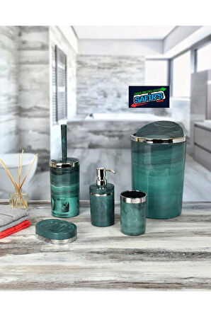 5 Parça Mermer Desen Banyo Seti / Wc Fırçalık, Sıvı - Katı Sabunluk, Çöp Kovası, Diş Fırçalık