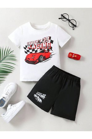 Yazlık Street 33 Red Car Baskılı Erkek Çocuk Siyah Şort, Beyaz T-Shirt Takım