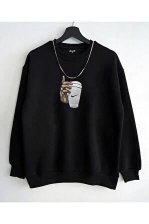 Üçiplik Unisex Siyah Bardak Baskılı Bisiklet Yaka Sweatshirt