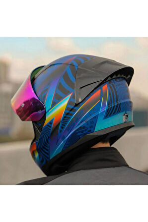 Rapid 2 Optik Race Full Face Motosiklet Kaskı Yarış Spoiler Şeffaf Gökkuşağı Vizörlü