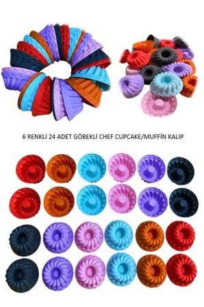 24'lü Yıkanabilir Yanmaz Mini Chef Göbekli Muffin Pişirme Kalıbı, Silikon Kek, Cupcake, Hamur7X3,5cm