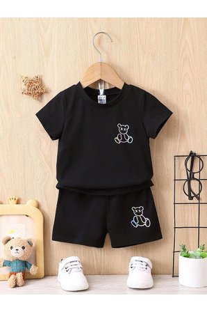 Yazlık Küçük Oturan Ayıcık Baskılı Kız Erkek Çocuk Siyah Alt-Üst Şort T-Shirt Takım