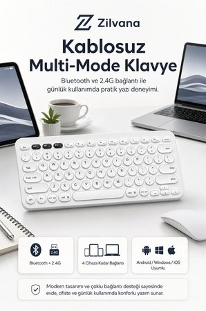 Beyaz Kablosuz Bluetooth Klavye | Tablet Telefon PC Uyumlu Sessiz Yuvarlak Tuşlu Slim Tasarım